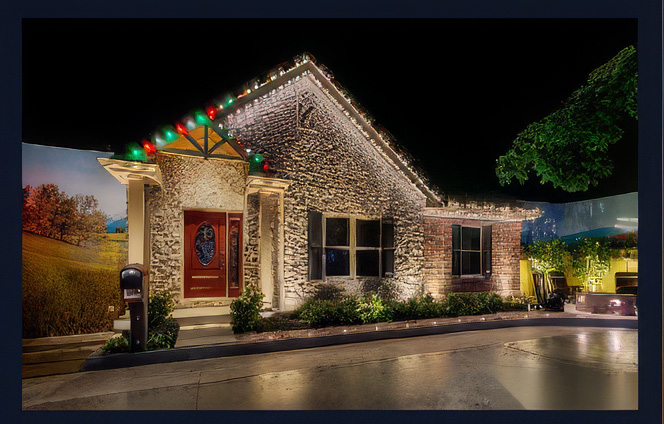 Stone home with warm-white and green holiday roofline lighting