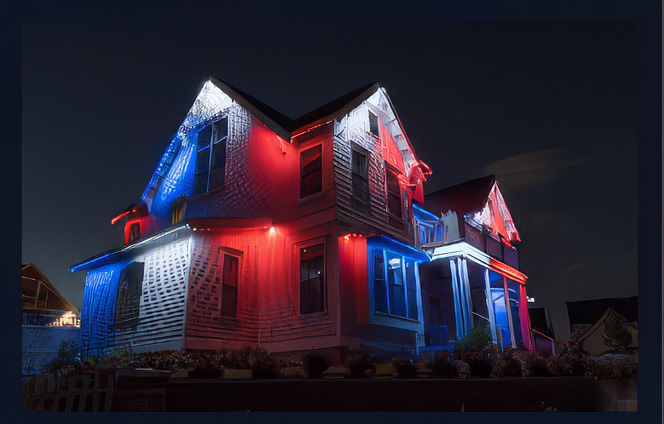 Home decorated with red, white and blue permanent lighting